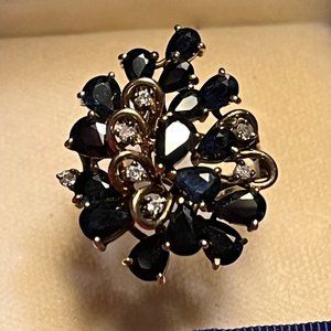 Blue Sapphire and Diamond Waterfall Cluster 14KT Yellow Gold Ring - Size 7